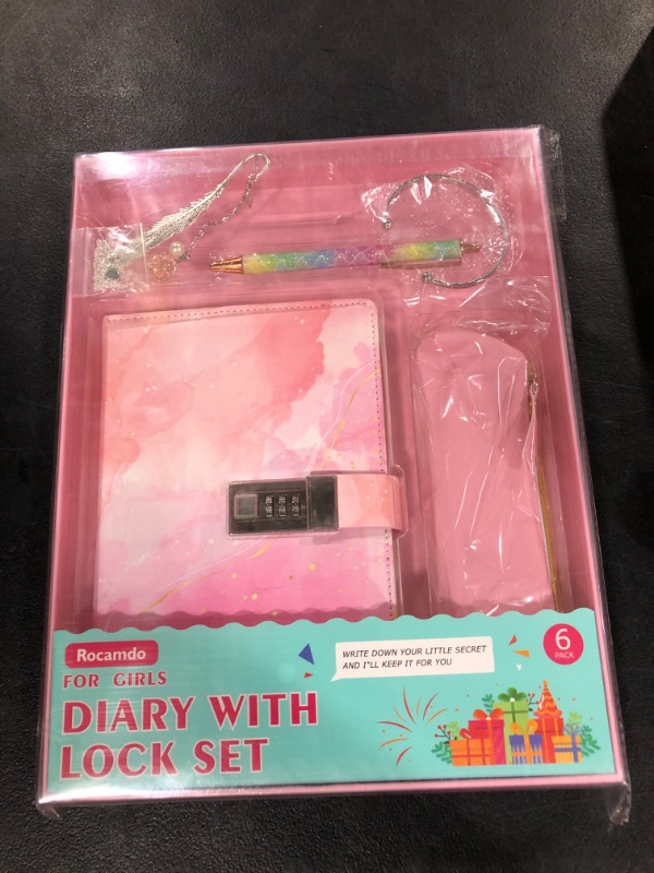 Photo 2 of Rocamdo Diary with Lock Set for Girls Ages 8-12 Kids Journal Kit A5 Password Notebook with Pencil Case Bracelet Necklace Bookmark, Birthday Gifts Toys for Teen Girls Ages 8 9 10 11 12 13 14 Year Old 