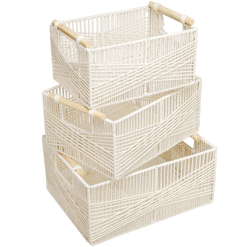 Photo 1 of Storage Baskets Boho Decor Baskets with Wood Handles-Handmade Woven Baskets Decorative Countertop for Organizing,Toilet Paper Basket for Tank,Set of 3 Paper Rope Nested Baskets