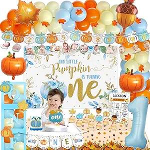Photo 1 of 191 Pcs Our tle Pumpkin Is Turning One Decorations for Boy, Fiesec Blue Thanksgiving 1st Birthday Party Backdrop Balloon Garland Maple Leaf Banner Tablecloth Box Cutout Cake Topper Crown Poster