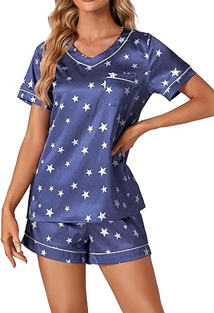 Photo 1 of OPOIPIN Women's Star Printed Pajamas Set Short Sleeve Blouse and Shorts Sleepwear Sets with Chest Pocket Blue X-Large
