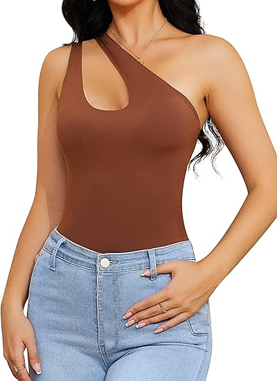 Photo 1 of Dlsave Women's Sexy One Shoulder Sleeveless Cutout Bodysuit Going Out Tank Top Body Suit Small