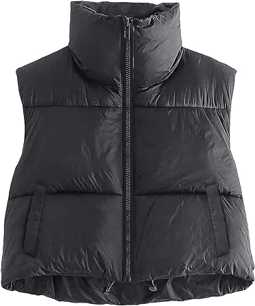 Photo 1 of AUTOMET Women's Cropped Puffer Vest Winter Lightweight Sleeveless Warm Outerwear Vests Padded Gilet Medium Black