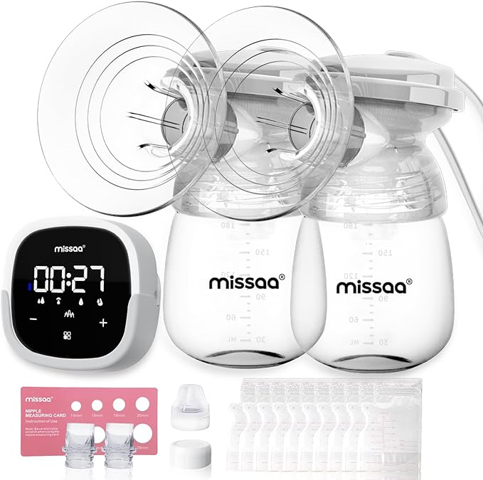 Photo 1 of MISSAA Double Electric Breast Pump, Breast Pump Hands Free with 5 Modes & 7 Levels, Pain Free Portable Breast Pump with Lighting Touchscreen, 10 Milk Storage Bags, 2 Baby Bottles and Flange Ruler