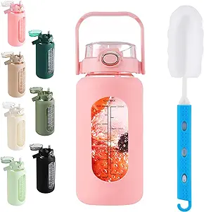 Photo 1 of 64oz Glass Water Bottle with Straw Lid Half Gallon Motivational Bottle with Handle and Silicone Sleeve and Time Marker Large Reusable Sports Water Jug for Gym Home Workout 42oz Pink