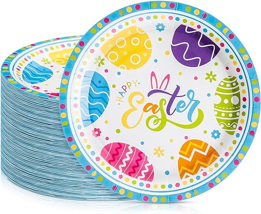 Photo 1 of 100 Pcs Easter Paper Plates 7'' Happy Easter Round Disposable Plates Bulk Cute Easter Egg Bunny He is Risen Holiday Dessert Plates for Easter Birthday Holiday Party Supplies (Vibrant Egg)
