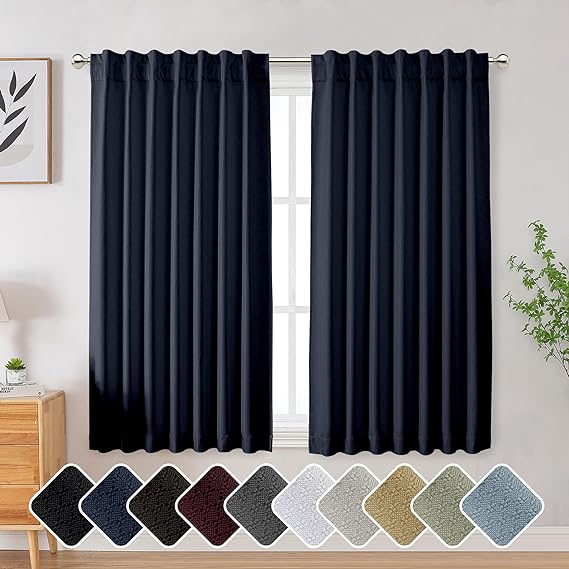Photo 1 of OVZME 100% Blackout Curtains for Bedroom 63 Inch Length for Bedroom, Textured Navy Blue Blackout Curtains Noise Reduce Drapes, Full Light Blocking Thermal Insulated Curtains for Living Room(W52 x L63) 