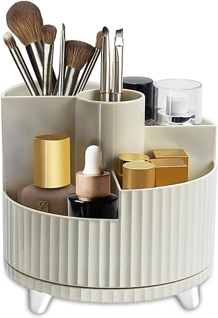 Photo 1 of 360°Rotating Makeup Organiser Brush Holder, Milky White Cosmetic Organisers with 5 Compartments, Multifunctional Skincare Storage Perfume Jewellery Box for Dresser Bathroom Bedroom
