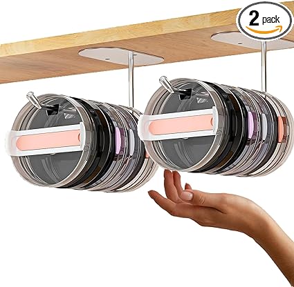 Photo 1 of 2 Packs Tumbler Lid Organizer Self-Adhesive or Drilling Under Cabinet Cup Lid Hook Organizers Tumbler Lid Hanger for Kitchen Organizers and Storage for Up to 8 Lids (Silver)
