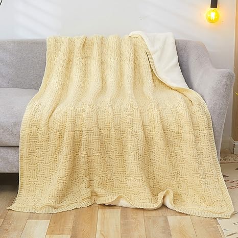 Photo 1 of VanRolldex Cable Knit Sherpa Thick Blanket Acrylic Textured Blanket Reversible Warm Blanket Cozy Fleece Sherpa Throw Blanket for Couch Chairs Bed All Season 50 x 63 Inches (Beige)