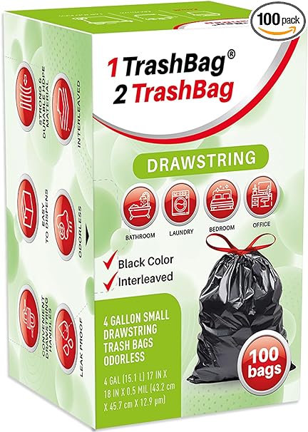 Photo 1 of 4 Gallon Trash Bags Drawstring - 100 Count Pre-Separated Small Black Garbage Bags Unscented for Bathroom, 15 Liter Strong Plastic Wastebasket Liners for Toilet, Home Office and Bedroom
