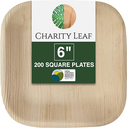 Photo 1 of Charity Leaf Disposable Palm Leaf 6" Square Plates (200 pieces) Bamboo Like Serving Platters, Disposable Boards, Eco-Friendly Dinnerware For Weddings, Catering, Events 