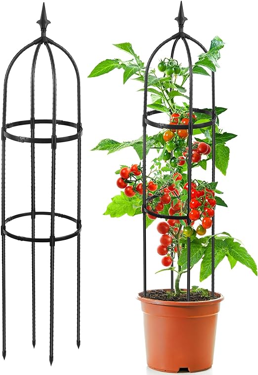 Photo 1 of Kowoll Garden Obelisk Trellis for Climbing Plants Outdoor, Tomato Cage for Garden Plant Support, Rustproof Metal Pipe,Potted Tall Plant Stakes for Vine Vegetable Flower Support Outdoor Indoor- 1 Pack 