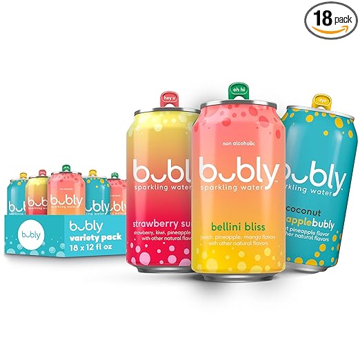 Photo 1 of EXP 08/05/2024 bubly Sparkling Water, 3 Flavor Variety Pack (Bellini, Strawberry Sunset, Coconut Pineapple), Zero Sugar & Zero Calories, 12 Fl Oz Cans (Pack of 18)
