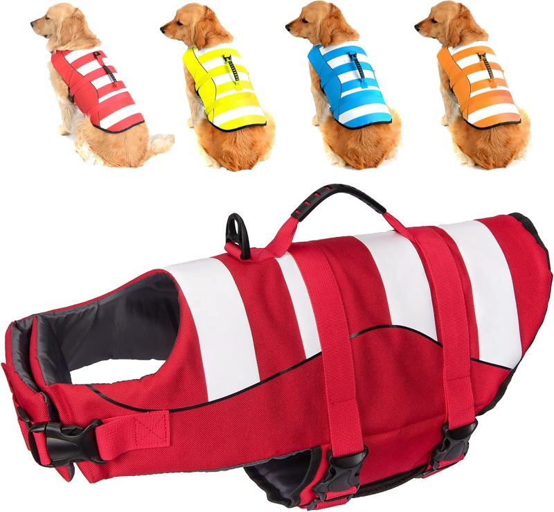 Photo 1 of Fragralley Dog Life Jacket Safety Vests for Swimming Superior Buoyancy & Rescue Handle High Visibility Small Dog Life Preserver Lifesaver Coat for Summer (S (Chest Girth: 16.5"-17.7") Bright Red)
