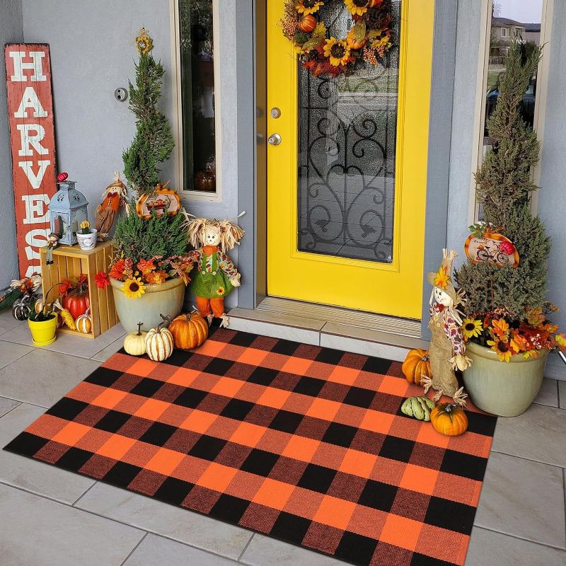 Photo 1 of KIMODE Fall Outdoor Rug Buffalo Plaid Orange and Black 3'x5',Washable Cotton Halloween Door Mat,Reversible Fall Front Porch Rug Decor,Checkered...

