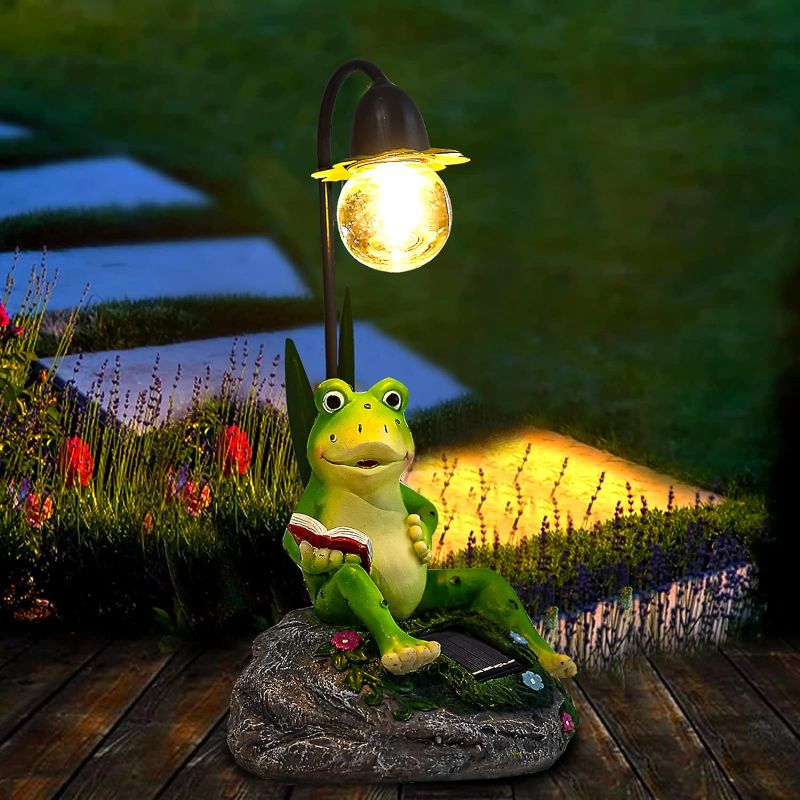 Photo 1 of Garden Statues Outdoor Decor, Resin Frog Sculptures & Statues with Edison Bulb Waterproof Solar Figurines Lights for Yard, Lawn, Pond, Patio or Ornaments Gift
