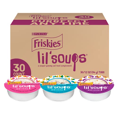 Photo 1 of Friskies Lil' Soups Salmon, Tuna, & Shrimp Variety Pack Grain-Free Bits in Broth Wet Cat Food Topper, 1.2-oz, Case of 30
