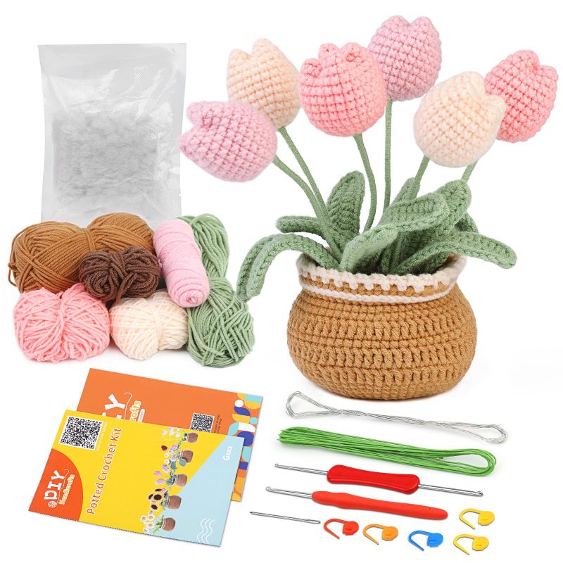 Photo 1 of  Dasonwin Crochet Kit for Beginners,Crafts for Adults,Knitting Kit with Step-by-Step Video Tutorials,Crochet Storage Cactus Kit (TULIP) 