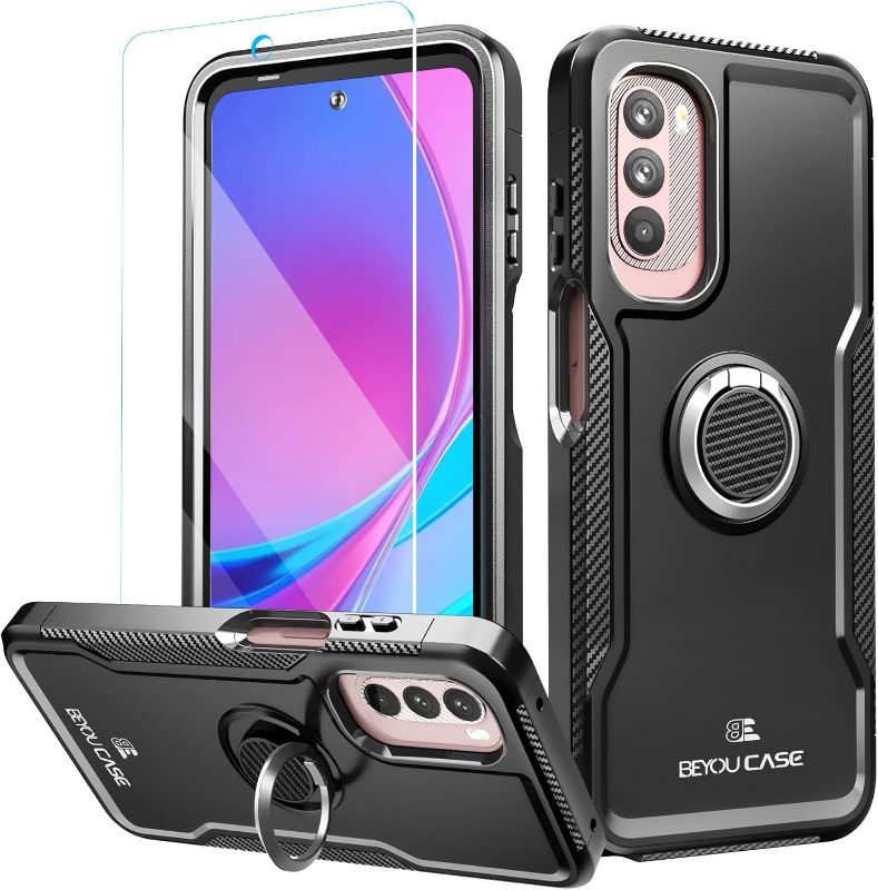Photo 1 of BEYOUCASE for Moto G Stylus 2022 Case with Tempered Glass Screen Protector, 6.8Inch Soft TPU Dual Layer Shockproof Phone Cover Case with Ring Kickstand for Moto G Stylus 2022 Black 