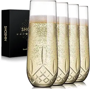 Photo 1 of SHOSHIN Stemless Champagne Flutes Crystal, Hand Cut Champagne Glasses Set of 4, 9.5 Oz Champagne Toasting Glasses, Handmade Gift for Birthday, Wedding, Anniversary 