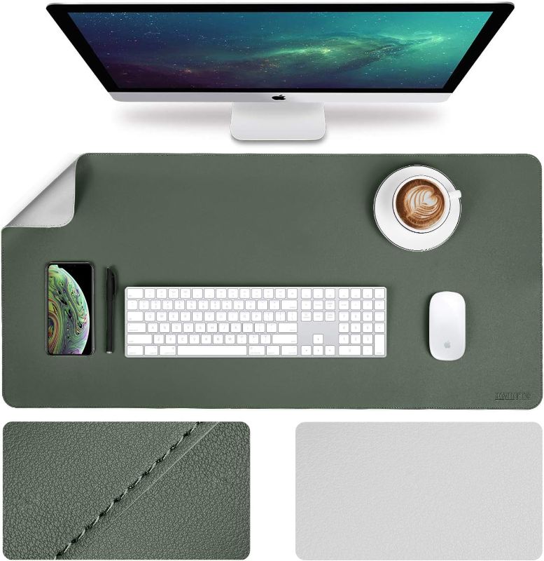 Photo 1 of Office Desk Pad Desktop Protector, Upgrade Sewing Edge 35.4 x 17Inch PU Leather Desk Mat, Gaming Mouse Pad, Waterproof Desk Blotter Pad, Double Sides(Dark Green/Gray)