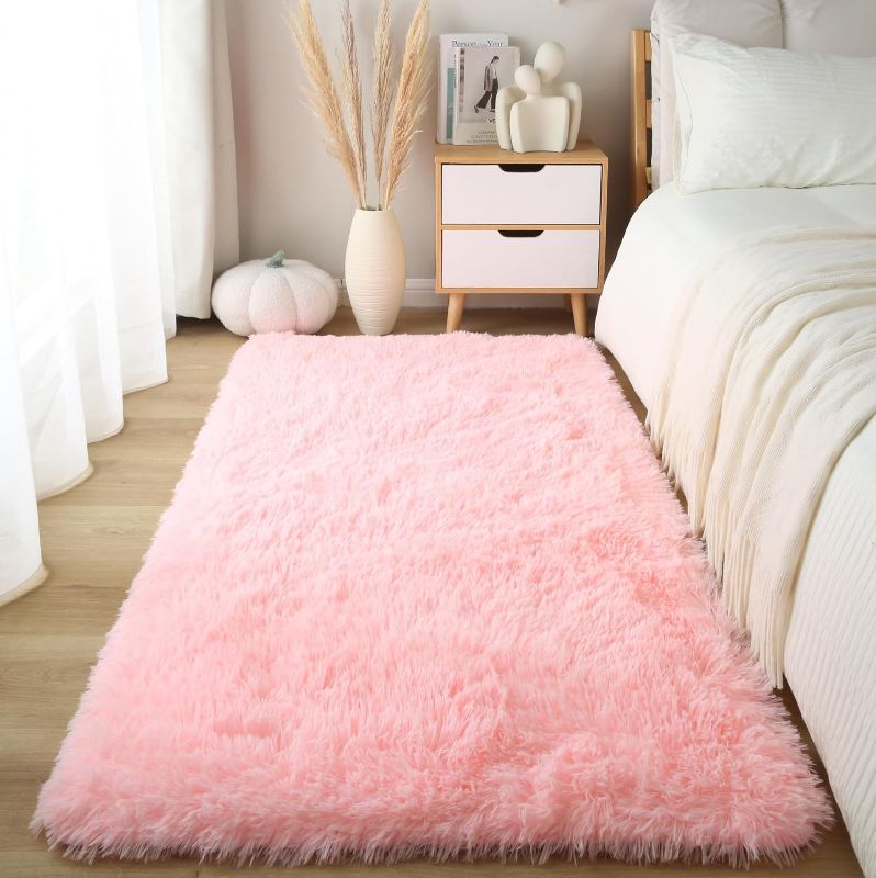 Photo 1 of 3x5 Area Rugs for Living Room, Machine Washable Soft Shaggy Rugs Fluffy Carpets, Non-Slip Indoor Floor Carpet for Living Room, Kids Baby Boys Teen Dorm Home Decor Aesthetic, Pink