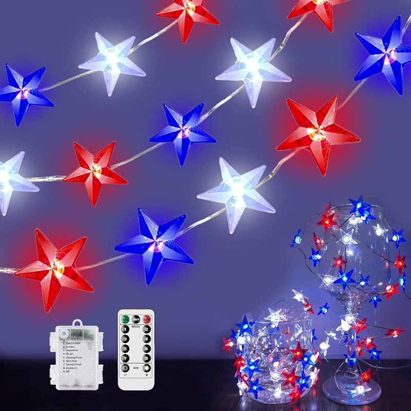 Photo 1 of 10Ft 40Led Patriotic Decor Star String Lights, 4th of July Red White Blue Star Lights American Flag Decorations Labor Day Memorial Day Independence Day Party Supplies Battery Operated with Remote 