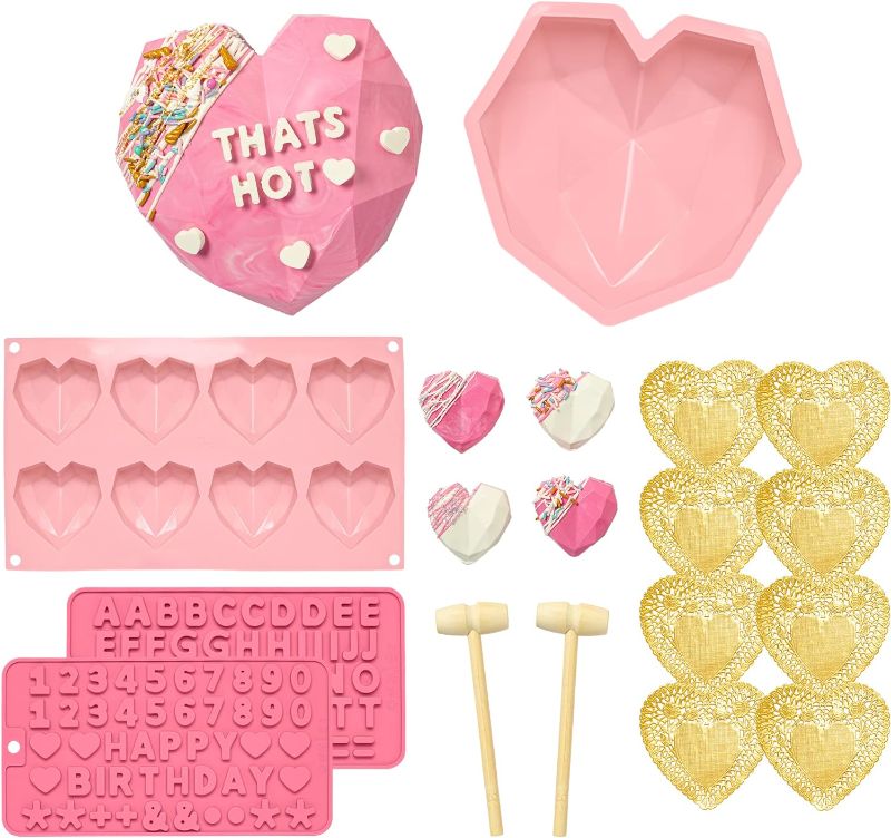 Photo 1 of Paris Hilton Breakable Chocolate Heart Kit, Includes Big and Small Heart Shaped Molds, Number, Character and Letter Molds, Mini Wooden Hammers, Candy Making Set, Pink
