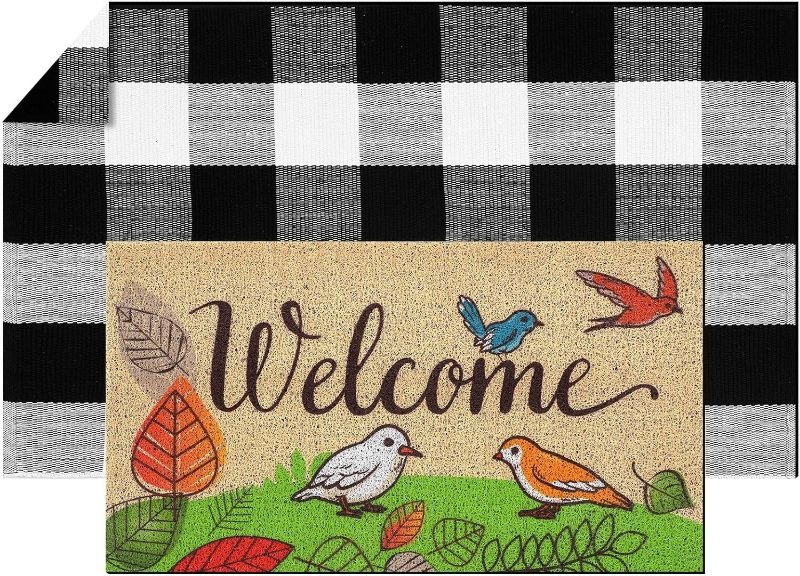 Photo 1 of 2 Pcs Spring Welcome Imitation Coir Doormat with Hand-Woven Cotton Buffalo Plaid Outdoor Rug with Bird Design Doormat Rubber Non Slip for Layering Decor Front Door Entrance Mat
