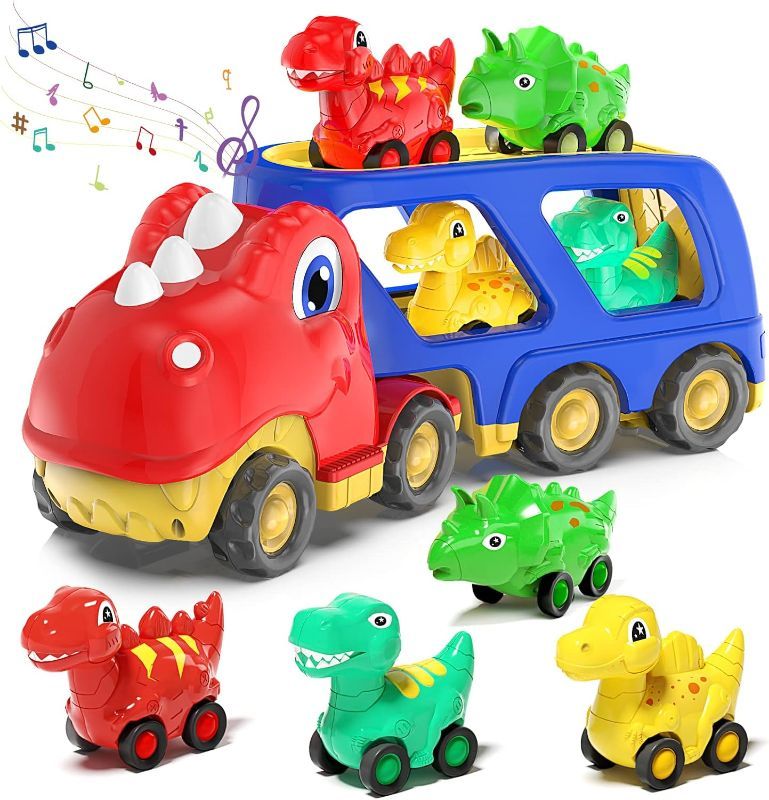 Photo 1 of Toddler Car Toy for 2 3 4 5 Years Old, Dinosaur Transport Carrier Truck with 4 Pack Small Pull Back Dino Car, Friction Power Vehicle Christmas Birthday Gift for 18M+ Kids Boys Girls
