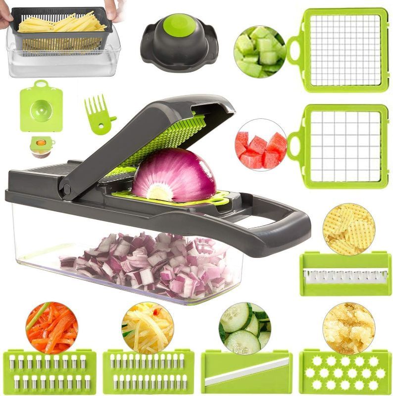 Photo 1 of Veggie slicer 16 pieces (Gray, 1) 16 pieces hand operated vegetable slicer, veggie chopper, food chopper, onion cutter.
