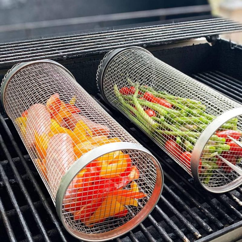 Photo 1 of Rolling Grill Basket, Stainless Steel Grilling Basket Fish Cylinder BBQ Grill Basket for Meat, Vegetables, Chops, Outdoor Grill Accessories Gifts for Men
