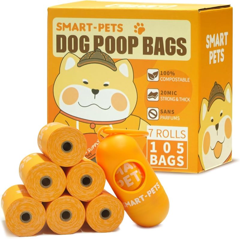 Photo 1 of 100% Certified Home Compostable Dog Poop Bags - EN 13432 Compliant Dog Waste Bags -105 Bags- 7 x Rolls of Plant Based Compostable Poop Bags -Includes A Dispenser-Thick Doggie Poop Bags?Orange?

