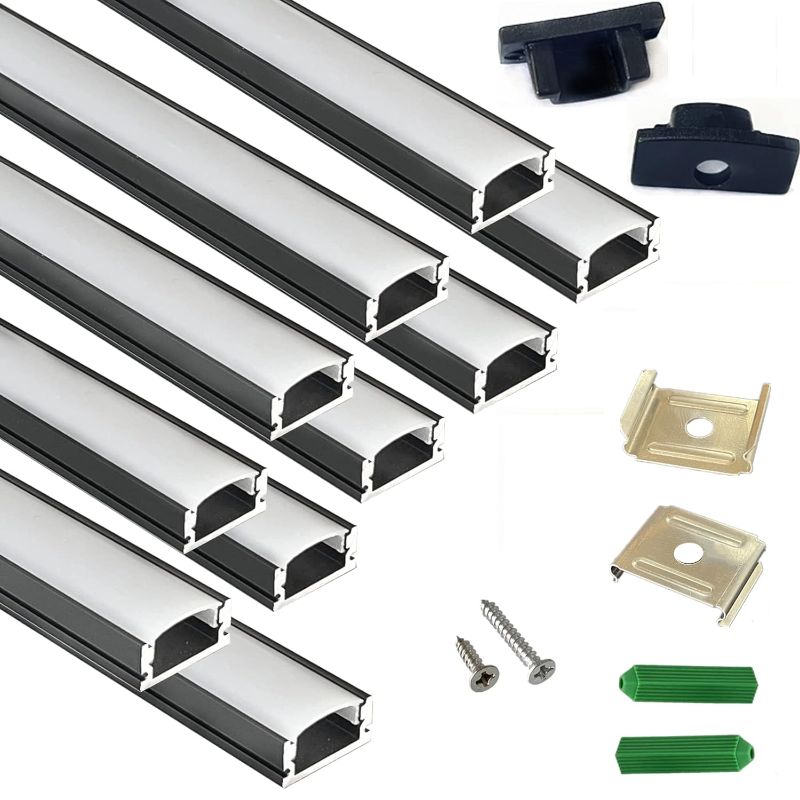 Photo 1 of 10-Pack 3.3FT/1M 17.4X7MM LED Strip Black Channel Diffuser,Under Cabinet Surface Mounted U Shape Aluminum Low Profile Milky Cover,1/2’’ 12MM Wide Tape Ribbon Track Rail Anodized Extrusion
