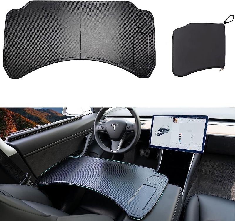 Photo 1 of Car Laptop Desk, Carbon Fiber Tray, Steering Wheel Eating Table, Eat Lunch Food Tray Table for Working, Car Travel Table for Model Y/3/ X Accessories Comfortable Big Place Foldable

