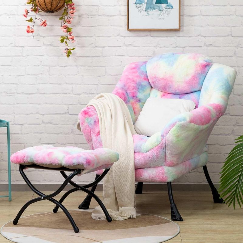 Photo 1 of HollyHOME Faux-Fur Lazy Chair with Foldable Ottoman, Accent Comfy Lounge Arm Chair and Folding Footrest Stool Set, Leisure Sofa Reading Chair and Footstool for Living Room, Bedroom, Dorm, Colorful 