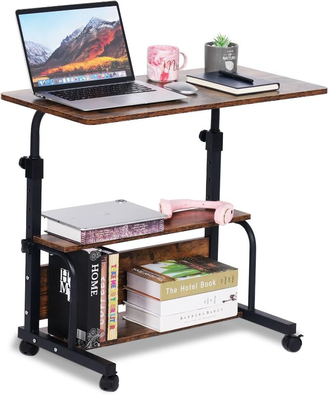 Photo 1 of Adjustable Height Rolling Portable Desk with Wheels, Small Standing Desk Mobile 32 Inch Computer Desk for Small Space, Work Desk for Home Office with Storage Laptop Table Study Student Desk Rustic Modern Rustic