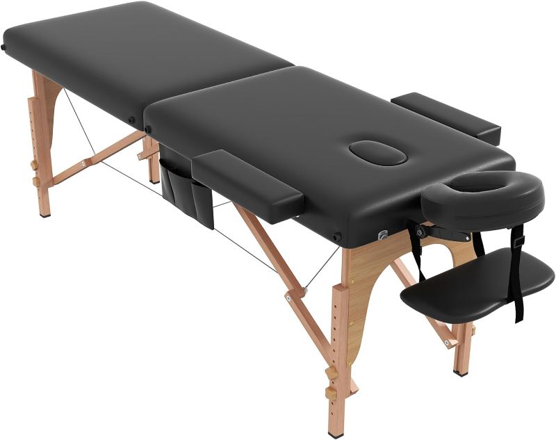 Photo 1 of civama Massage Table Massage Bed Portable, 29 LBs Light Weight 2 Section Foldable Tattoo Bed Facial Care Spa Lash Bed Height Adjustable Sturdy Wooden Frame with Accessories Carrying Bag, Black 