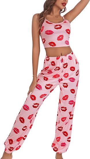 Photo 1 of SOLY HUX Women's Pajama Set Lip Print Cami Top and Pants Loungewear Sleepwear 