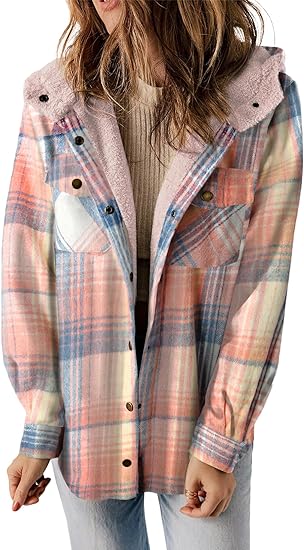 Photo 1 of Dokotoo Womens Plaid Shacket Jacket Long Sleeve Button Down Fleece Hooded Jackets Warm Coat