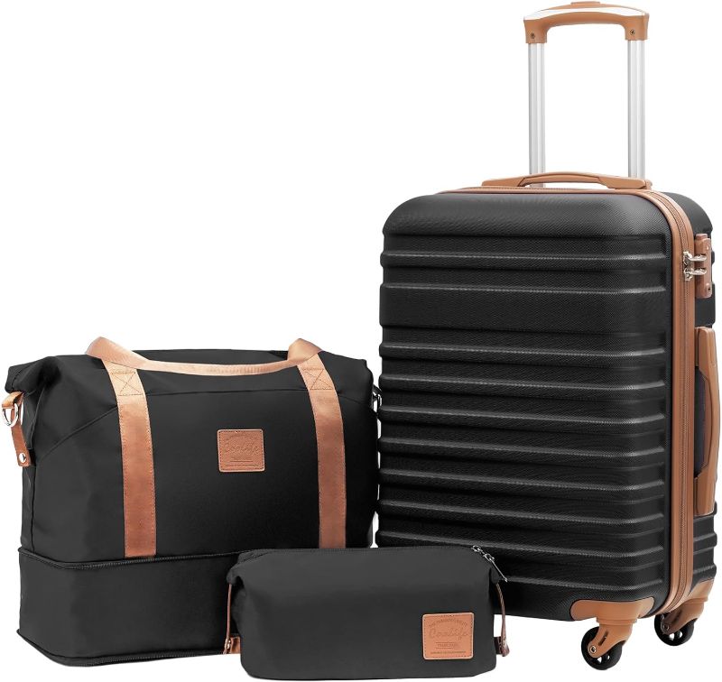 Photo 1 of Coolife Suitcase Set 3 Piece Luggage Set Carry On Hardside Luggage with TSA Lock Spinner Wheels (Black, 3 piece set (DB/TB/20))
