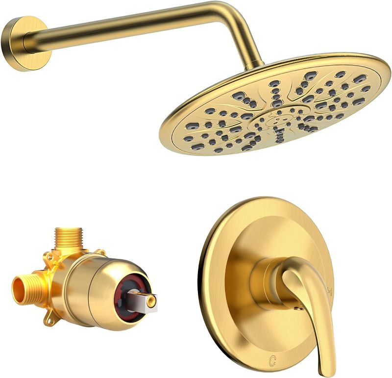 Photo 1 of SunCleanse Shower Faucet Sets Complete: Wall Mounted Rain Shower System with 9" Shower Head Combo and Shower Valve - Single-Handle Shower Trim Kit with Rough-in Valve for Bathroom, Brushed Gold

