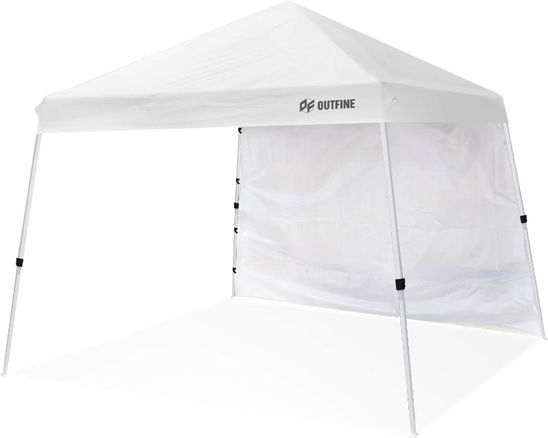 Photo 1 of OUTFINE Canopy 10'X10' Slant Leg Pop Up Canopy, Outdoor Patio Portable Tent with Sidewall x1, Stakes x8, Ropes x4, 10x10 Base 8x8 Top
