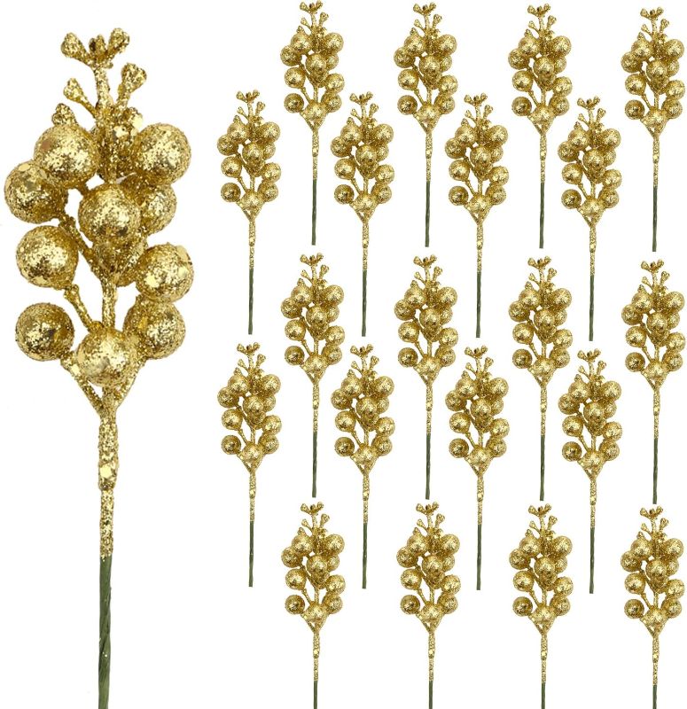 Photo 1 of Auxnki 36Pack Christmas Glitter Berries Stems, 8.3Inch Artificial Christmas Picks for Christmas Tree Ornaments Decorations, DIY Xmas Wreath,Holiday and Home Decor, Gold A#gold