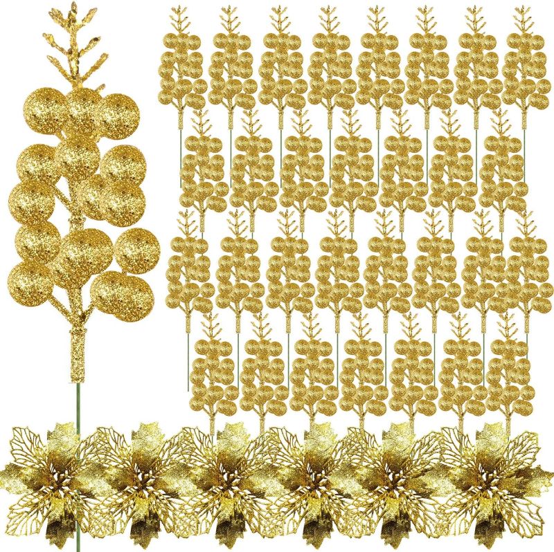 Photo 1 of Auxnki 36Pack Christmas Glitter Berries Stems, 8.3Inch Artificial Christmas Picks for Christmas Tree Ornaments Decorations, DIY Xmas Wreath,Holiday and Home Decor, Gold A#gold