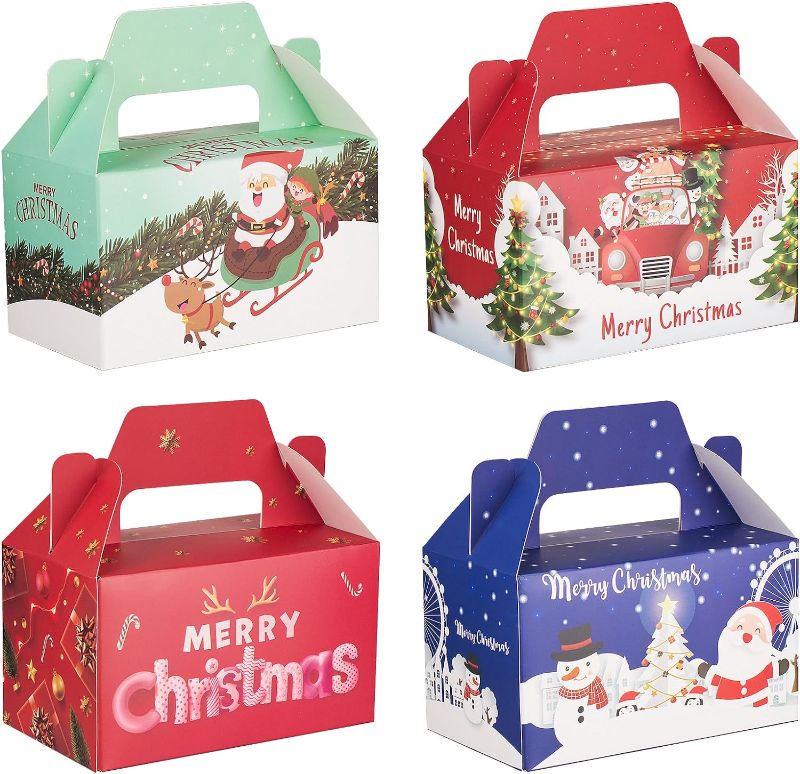 Photo 1 of 24 PCS 3D Christmas Goody Gift Boxes with Handles for Holiday Xmas Goodie Paper Boxes, School Classroom Party Favor Supplies, Candy Treat Cardboard Cookie Boxes, 4 Designs,Christmas Gift Boxes