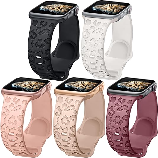 Photo 1 of 5 Pack Leopard Engraved Silicone Watch Bands Compatible with Apple Watch Band 40mm 44mm 41mm 38mm 45mm 42mm 49mm Women Men,Waterproof Cheetah Sport Strap Wristbands for iWatch Ultra Series 8 7 SE 6 5