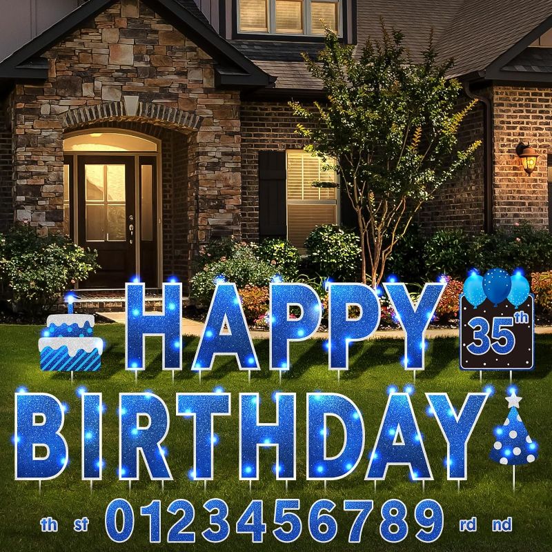 Photo 1 of 16 Pcs Happy Birthday Yard Signs with Stakes, 32.8 ft LED Lights, 42 Pcs Number Stickers, 14 Inch Birthday Letters Signs for Birthday Party Supplies Yard Lawn Outdoor Decoration (Royal Blue)
