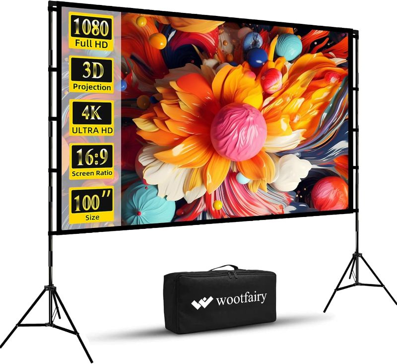 Photo 1 of Projector Screen with Stand, Wootfairy 100 inch Foldable and Portable Projection Screen 16:9 4K HD Rear Front Wrinkle-Free Movie Screen with Carry Bag for Indoor Outdoor Home Theater Backyard Cinema
