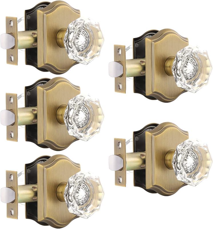 Photo 1 of Gobrico 5 Pack Passage Crystal Door Knobs in Antique Brass for Hall Closet Laundry Room,Clear Octagon Shape,Keyless Outside for Interior Room
